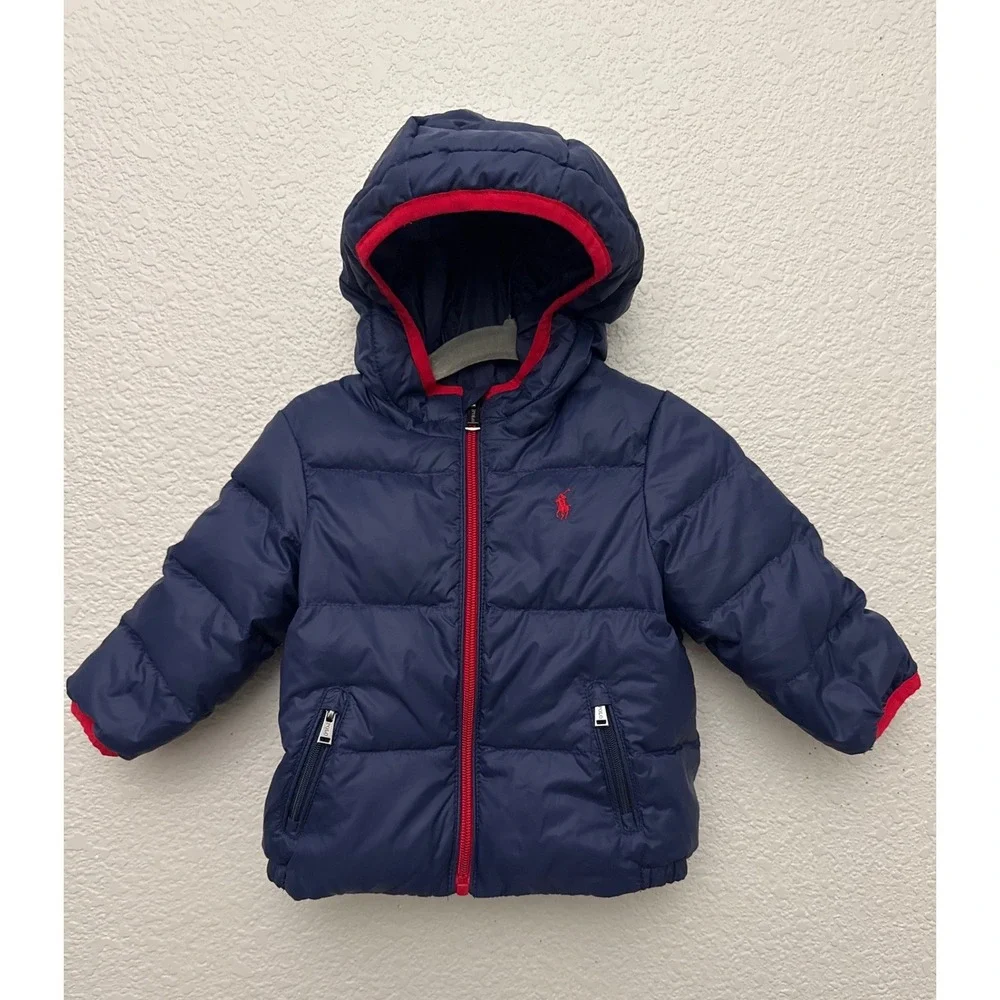 Ralph Lauren Navy Blue Down Puffer Hooded Jacket Size 12 Months Packable Bag